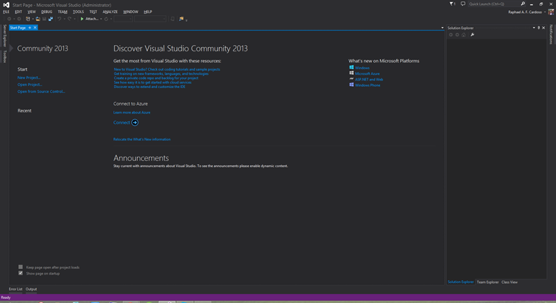 Tela do Visual Studio Community 2013