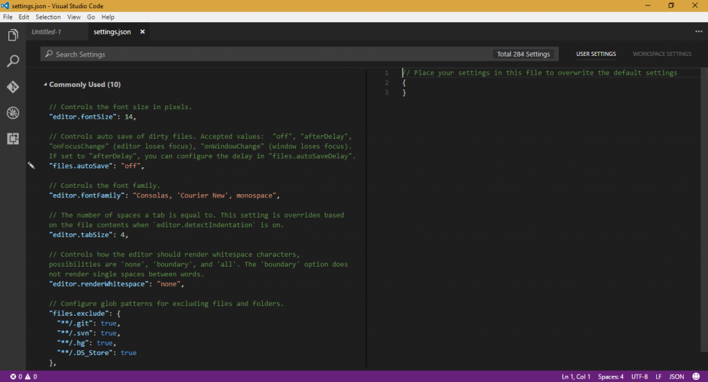Arquivo settings.json do Visual Studio Code